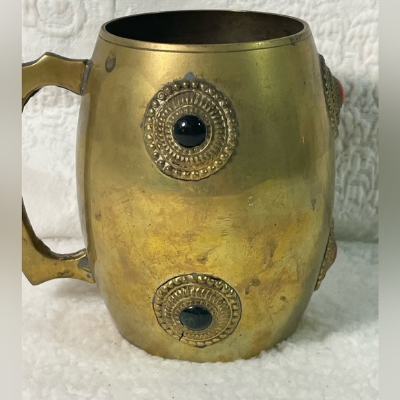 Brass Mug or Stein with Stones Embedded - Picture 3 of 7